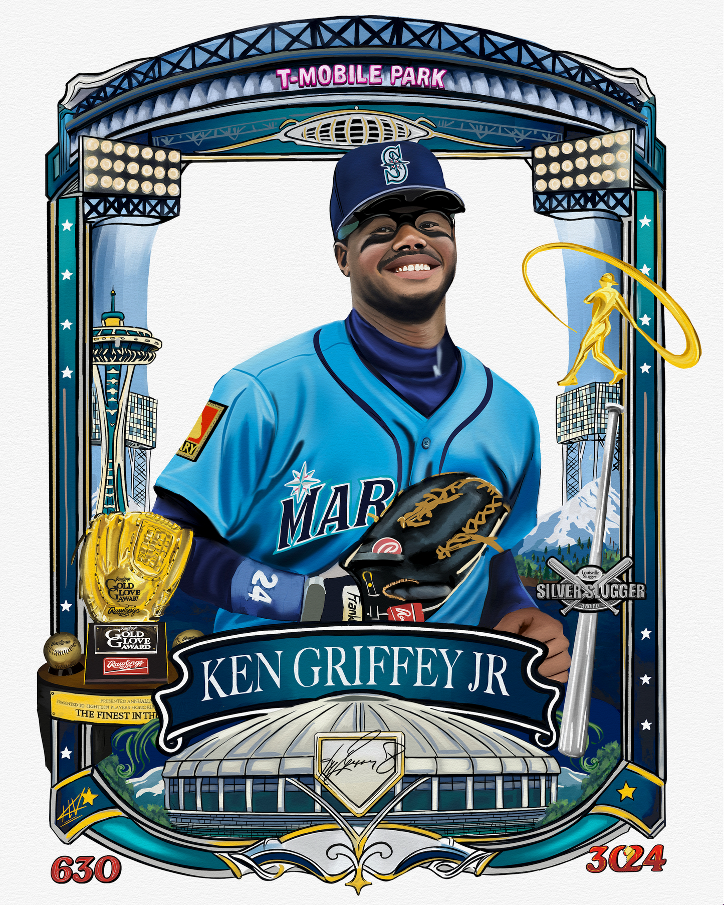 Ken Griffey Jr Custom Baseball Card Design - Hand drawn and painted!